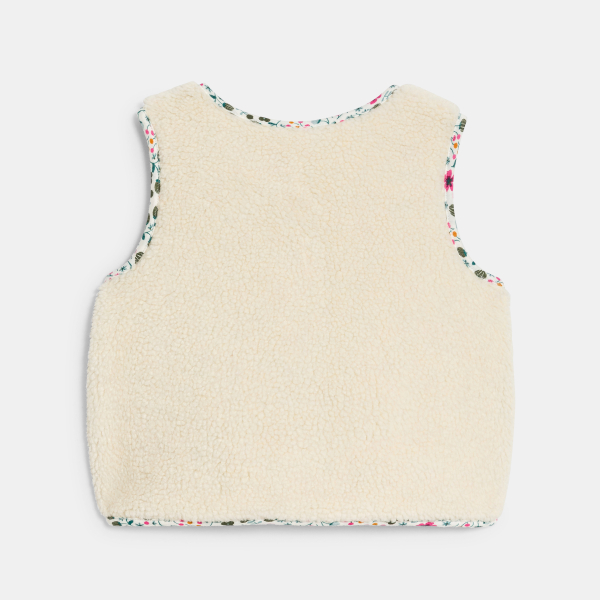 جيليه شيربا بدون أكمام وذو وجهين، مزركش برسوم أزهار باللون الأبيض للفتيات الصغيرات